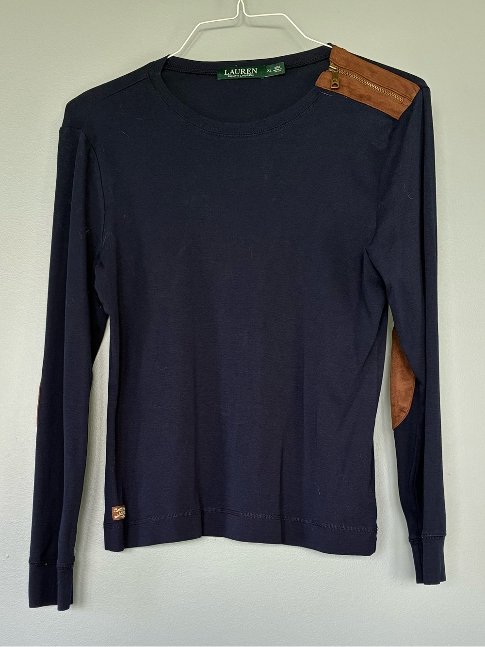 Ralph Lauren Navy Crewneck Sweater with Brown Suede Accents XL